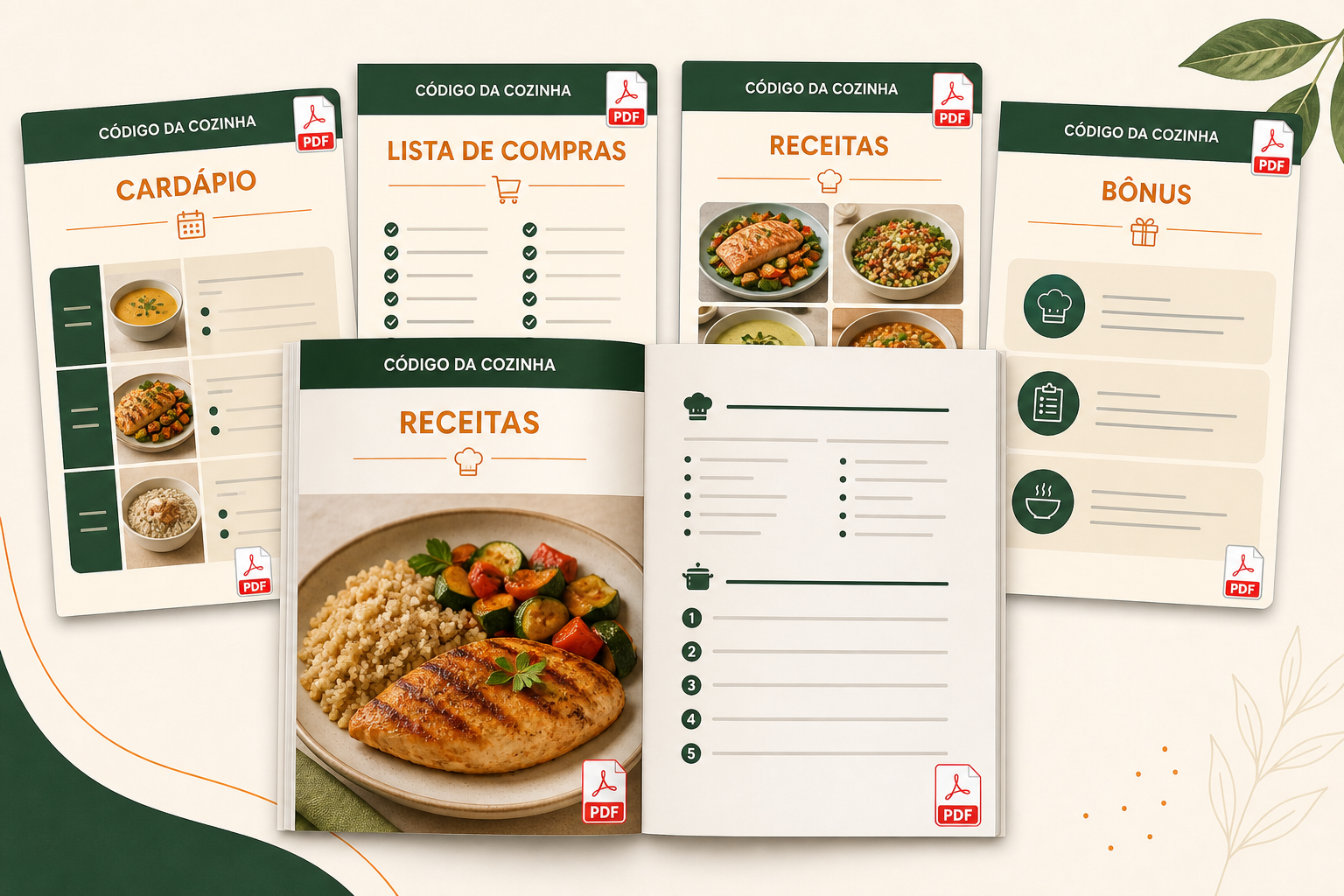 Materiais digitais do Código da Cozinha entregues em PDFs: cardápio, lista de compras, receitas e bônus